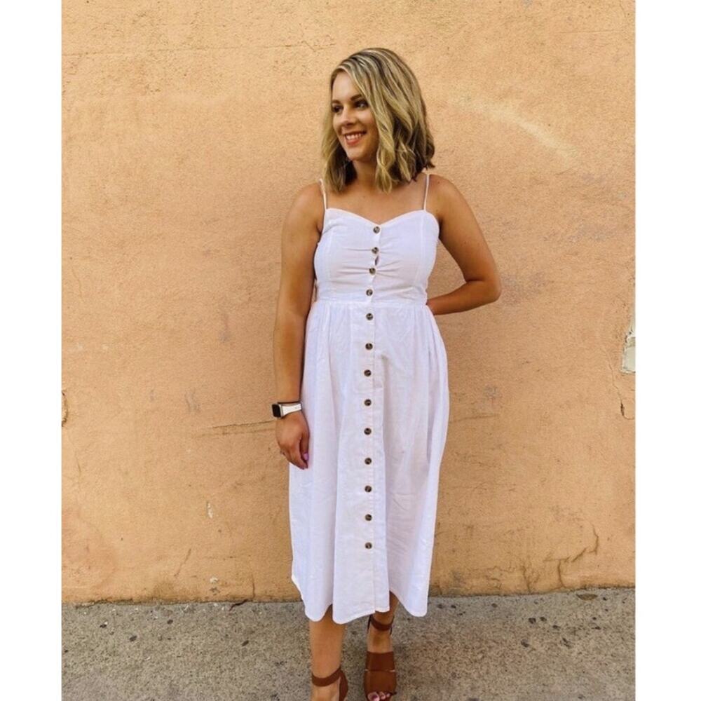 H&M Plus Size White Linen Blend Dress XXL Button Front Smocked Back Summer Midi